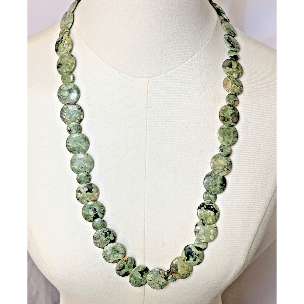 Natural Rainforest Jasper Stone Coin Bead Necklace Artisan Boho 28"